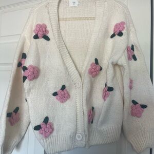 Floral Knit Cardigan Sweater - Cream and Pink